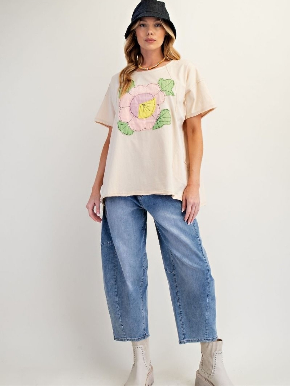 2-0411 EASEL flower Patch Cotton Mineral Washed Soft Top With Pockets Boutique - Picture 7 of 7